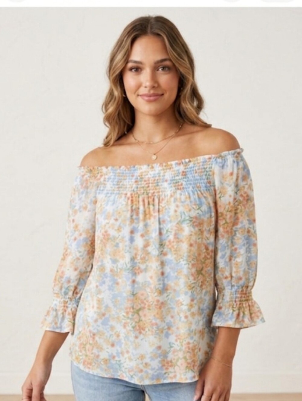 Zac & Rachel Light Blue Floral Smocked Neck Blouse